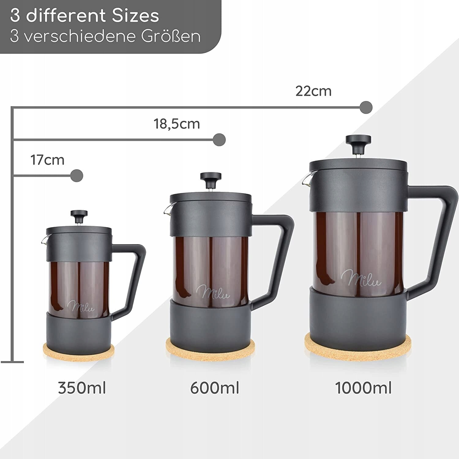 Cafetiera Milu French Press 1000ml, filtru inlocuibil, sticla rezistenta, set complet