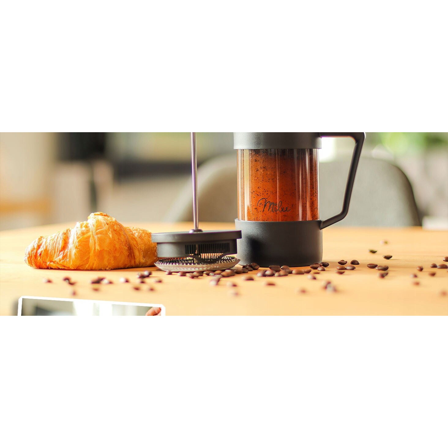 Cafetiera Milu French Press 1000ml, filtru inlocuibil, sticla rezistenta, set complet