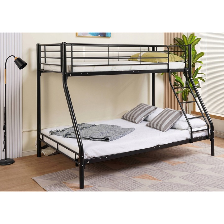 Pat metalic etajat Meblowe Love 140x200cm, negru, pentru 3 persoane, cu suport metalic