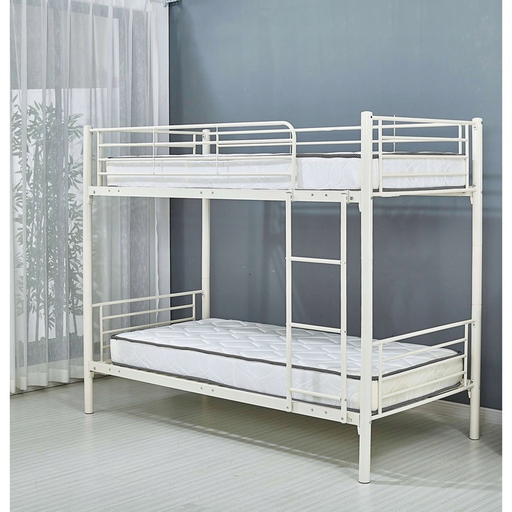 Pat metalic alb etajat Meblowe Love 90x200cm cu suport, cu instructiuni de montaj