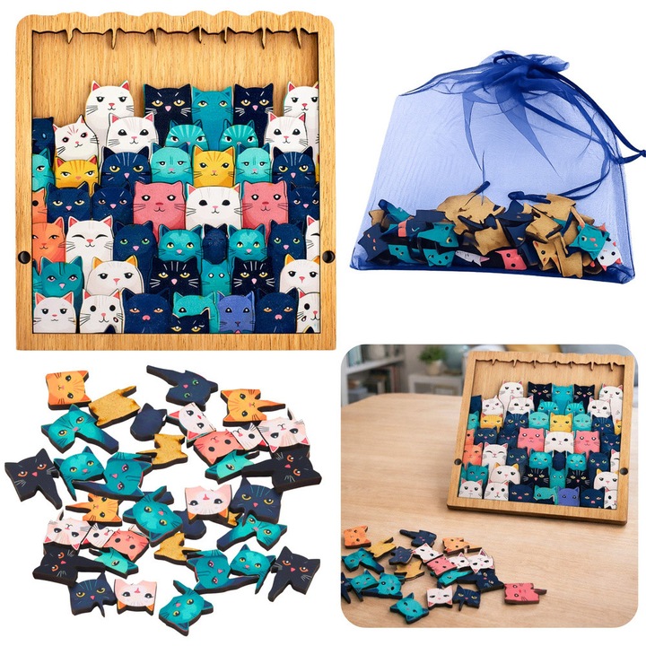 Puzzle din lemn Pisici LEAN Toys, 62 piese, cu suport si sac pentru depozitare, 3 ani