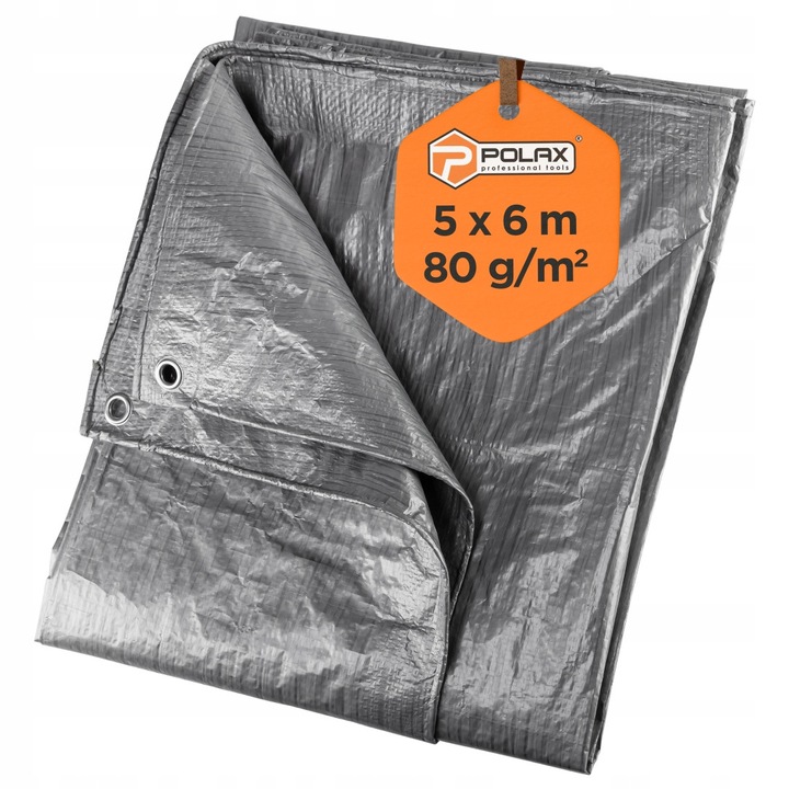 Megerősített ponyva, 5x6m, 80g/m, vízálló, fűzőlyukakkal, ezüst