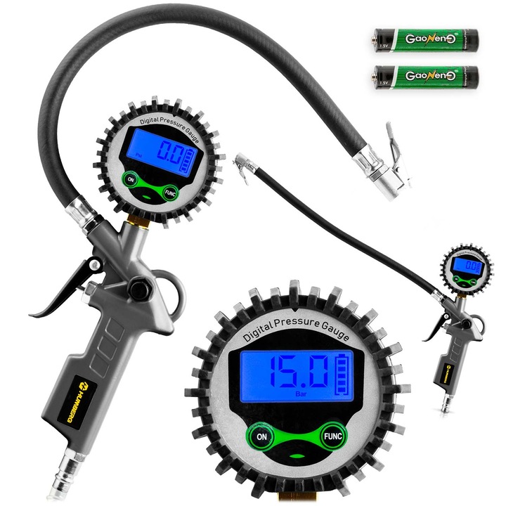 Pistol de pompare cu manometru digital Humberg, display LCD, presiune 0-15 bar, 1/4", 34cm