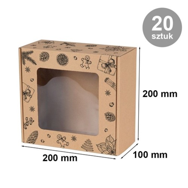 Set 20 buc, Cutie NEOPAK, pentru cadouri, cu fereastra si imprimeu de Craciun, 200x200x100 mm, maro