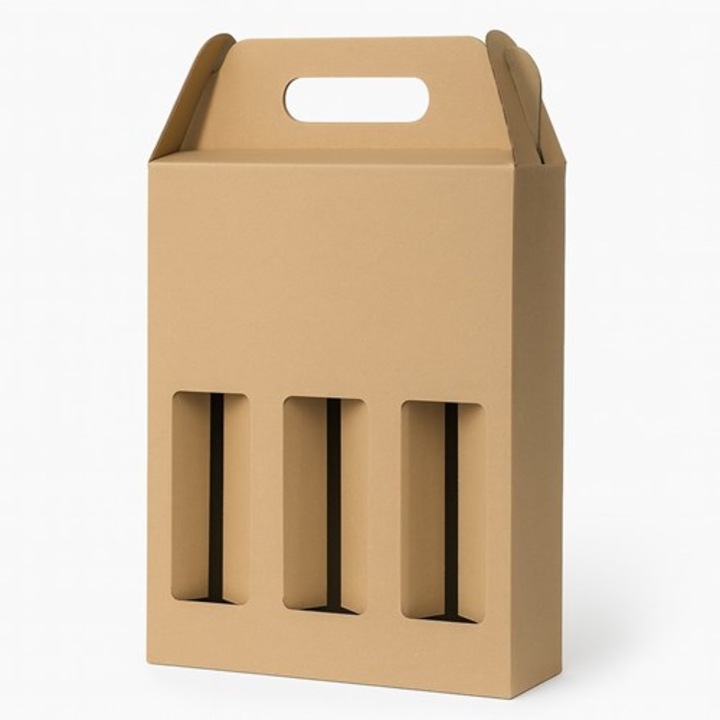 Set 20 buc, Cutie carton NEOPAK, pentru 3 sticle de bere, fasonata, 210x68x258 mm, Maro, cu maner