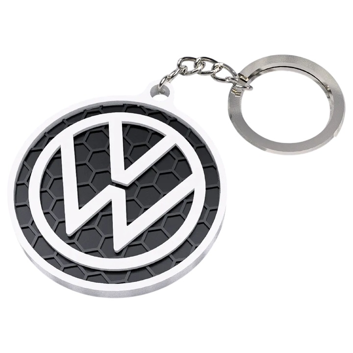 Breloc chei auto, woodmag, Volkswagen Logo alb cu accente negre, design fagure