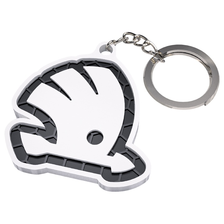 Breloc chei auto, woodmag, LOGO SKODA alb cu accente negre, design fagure