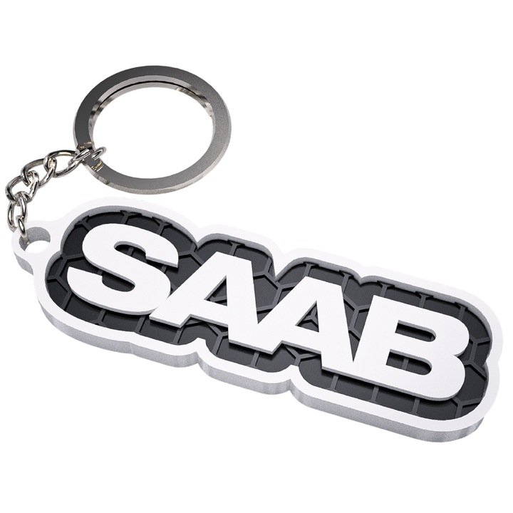Breloc chei auto, woodmag, SAAB, Logo alb cu accente negre, design fagure