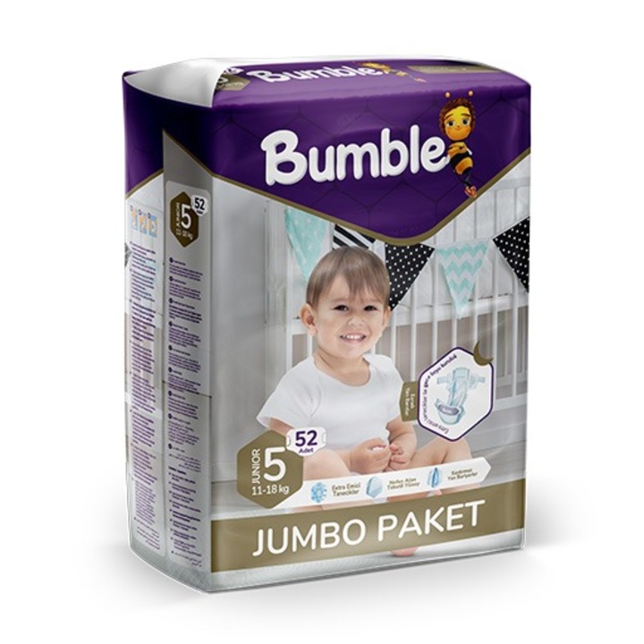 Bumble pelenkák Nr.5 (11-18kg), 52 db, Jumbo Pack, ultra-nedvszívó, légáteresztő, szivárgásgátló védelem, rugalmas oldalak