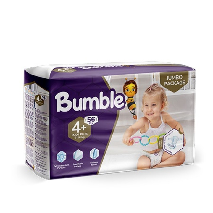 Bumble pelenkák Nr.4+ (9-16kg), 56 db, Jumbo Pack, ultra-nedvszívó, légáteresztő, szivárgásmentes védelem, rugalmas oldalak