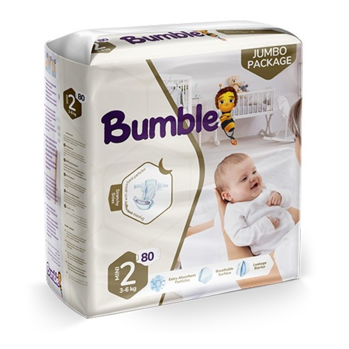 Bumble pelenkák Nr.2 (3-6 kg), 80 db, Jumbo Pack, ultra-nedvszívó, légáteresztő, szivárgásgátló védelem, rugalmas oldalak