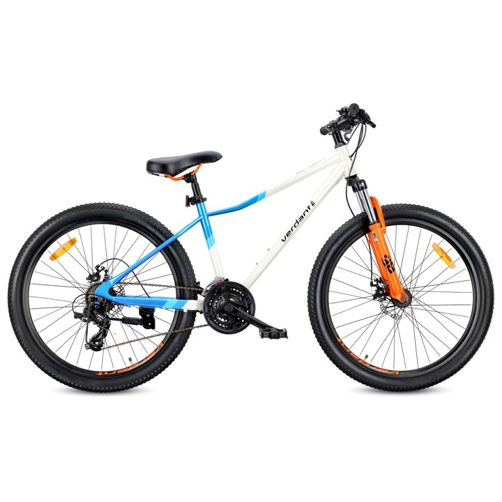 Bicicleta Mtb 26 Inch Copii Verdant Calix Shimano 21 Viteze Frane Pe Disc Amortizor Cadru Otel Alb Albastru Portocaliu