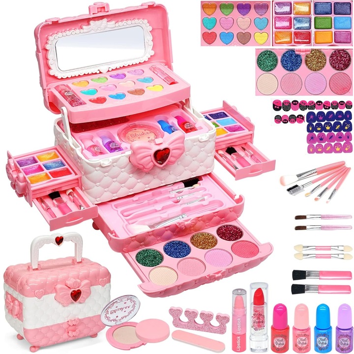 Trusa Machiaj Fetite, Set Make-Up Complet 56 Elemente, Multicolor, Non-toxic, Hipoalergen, Geanta Eleganta cu Oglinda, Farduri Mate si cu Sclipici, Rujuri, Oja, Pudra Compacta, Pensule, Accesorii Manichiura, Cadou Copii