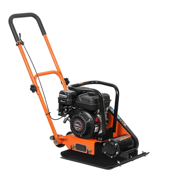 Compactor cu placă, motor pe benzina, putere 6, 5 CP, forță 10, 5 kN, dimensiune placă 51x37 cm, colorat negru și portocaliu