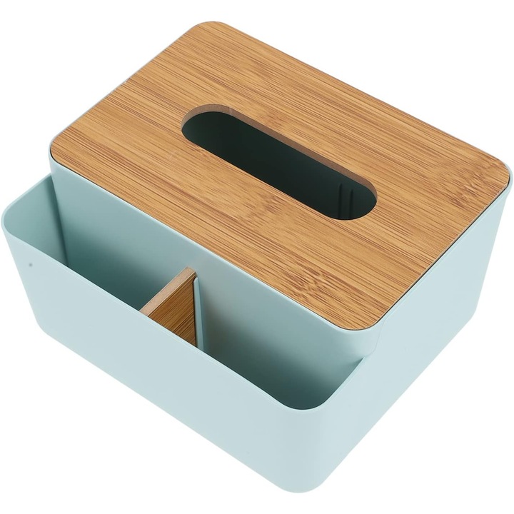 Cutie servetele multifunctionala cu organizator lateral, plastic/bambus, albastru, 19x15.5x9.5cm