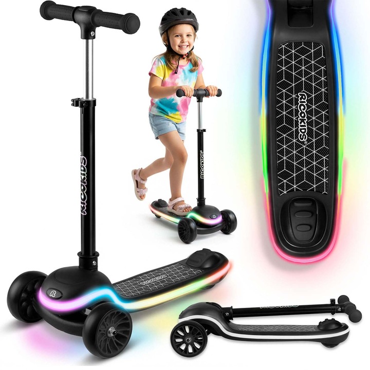 Trotineta cu trei roti Ricokids Leddi LED negru 60x30x65-81cm
