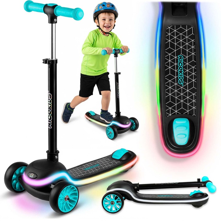 Trotineta cu trei roti Ricokids Leddi LED, negru-turcoaz, 65x30x81cm
