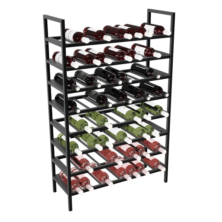 MetaloPro Raft Vinuri Jerez pentru 80 Sticle – Suport Metalic Robust 125x80x30 cm, Design Industrial Modern, Ideal pentru Bucatarie, Pivnita sau Bar – Negru Mat