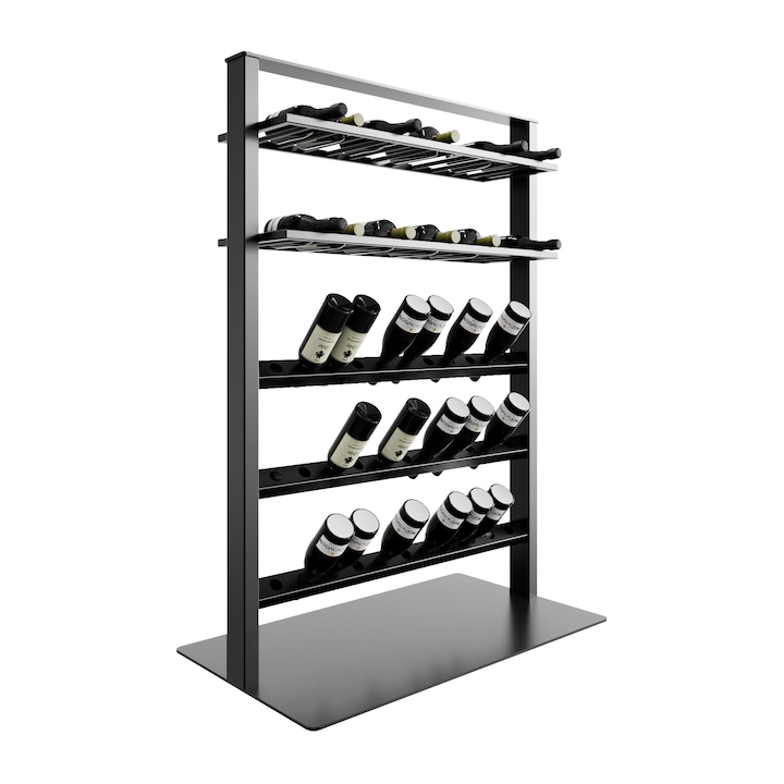 MetaloPro Piemont Raft Metalic pentru 57 Sticle de Vin, Design Industrial Elegant, Suport Freestanding pentru Pivnita, Bucatarie sau Bar, 140x100x60 cm, Negru