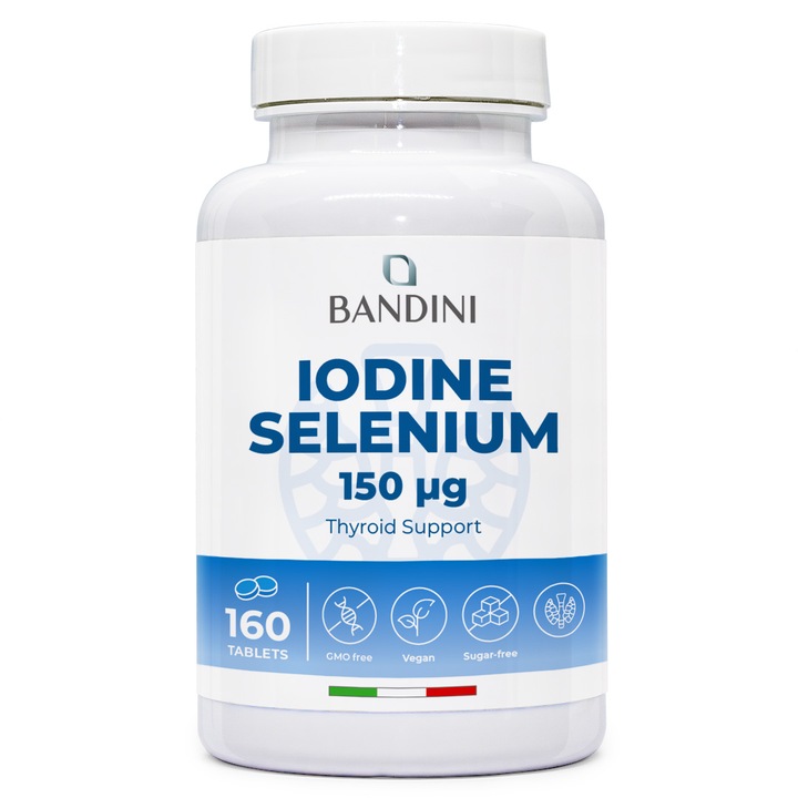Bandini® Iod Seleniu, 150 mcg Iodura de Potasiu, 100 mcg L-Selenometionina, Suplimente pentru Sistem Imunitar Natural, Tiroida, Par, Unghii pentru Femei si Barbati, Concentratie mare, Vegan, Non-OMG, 160 de comprimate