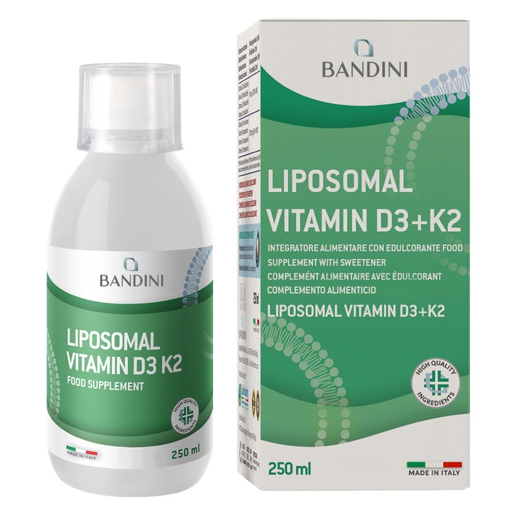 Bandini® Vitamina D3 K2 lipozomala - Supliment alimentar cu doza mare pentru sustinerea sistemului imunitar - Intareste muschii, oasele si dintii - D3+K2 lichid 250 ml cu capac dozator