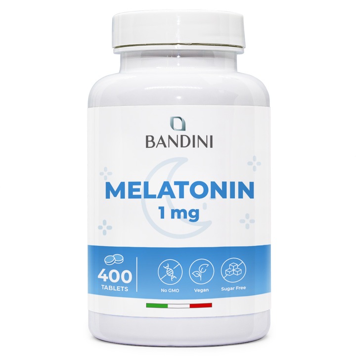 Bandini® Melatonina Forte Pura, 400 de comprimate (rezerva pentru 1 an), supliment pentru somn, 1 mg per comprimat, usor de inghitit, imbunatateste calitatea somnului prin reglarea ciclului somn-veghe, produs vegan