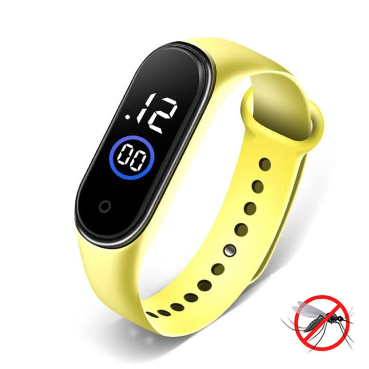 Bratara anti-tantari cu ultrasunete si ceas Digital, anti-insecte, Incarcare USB, rezistenta la apa, unisex, galben