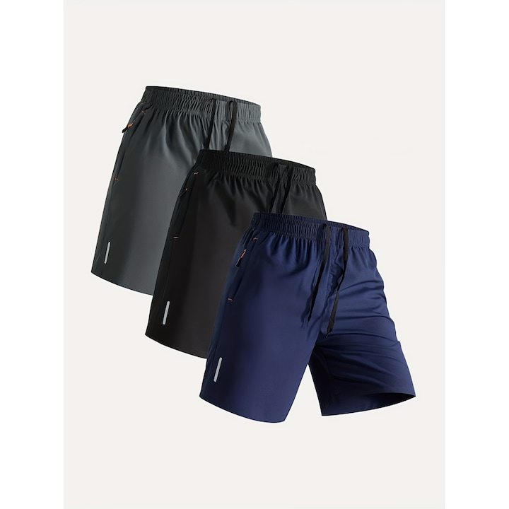 JALWO Trei bucati de barbati sport casual pantaloni scurti, respirabil, uscat rapid, cu buzunar cu fermoar si coarda in talie, potrivit pentru activitati in aer liber si antrenament de fitness, design de banda reflectanta, Albastru, 3XL