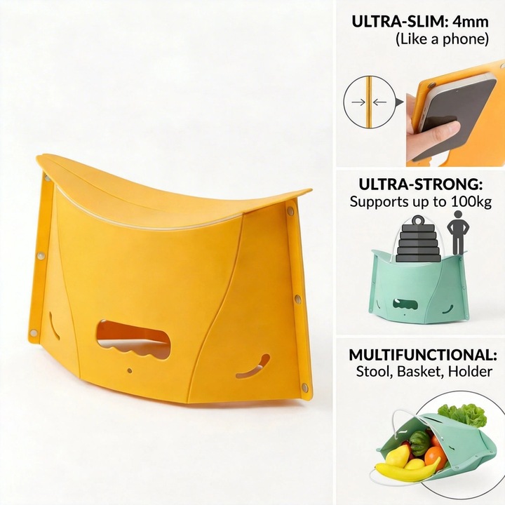 Scaun cos pliabil camping multifunctional, taburet portabil depozitare gradina, scaun exterior pescuit, 35x21.5x0.5cm, 235g, galben