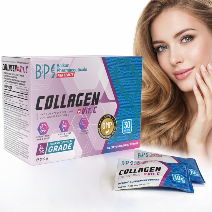 Colagen Hidrolizat Peptan Tip I & III + Vitamina C Balkan Pharmaceuticals®, doza mare de colagen 8320 mg/portie, 30 plicuri ON-THE-GO, aroma mar verde, impotriva ridurilor, dureri de oase articulatii, pentru par si unghii sanatoase