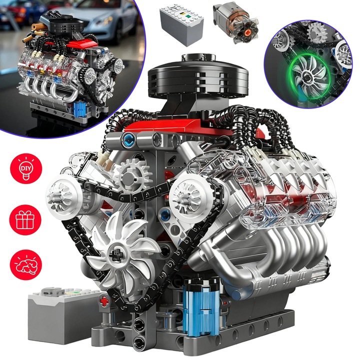 Kit De Constructie Cu Motor V8 Technik, 487 De Bucati Pentru A-Ti Construi Propriul Mini Motor Functional, Proiect Stem DIY Pentru Adolescenti, Set Mecanic De Prezentare Pentru Fanii Colectiilor