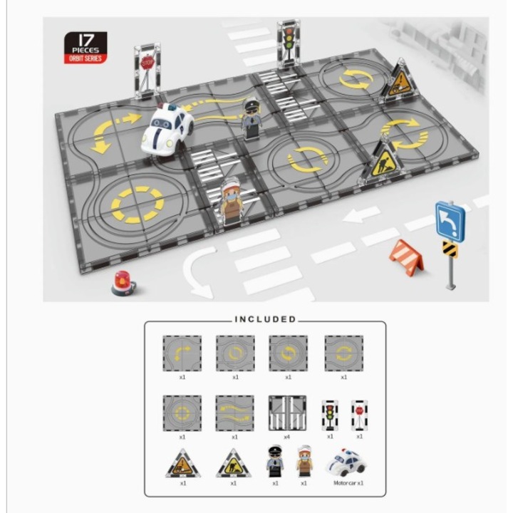 Set de Constructie MagicMagnetic Orbit, Include 17 de Piese, Traseu Magnetic 3D cu Masinute, Semne de Circulatie si Figurine, Numeroase Posibilitati de Construit, STEM, Educativ si Creativ, Indiggo®, 3ani+, Gray Stone