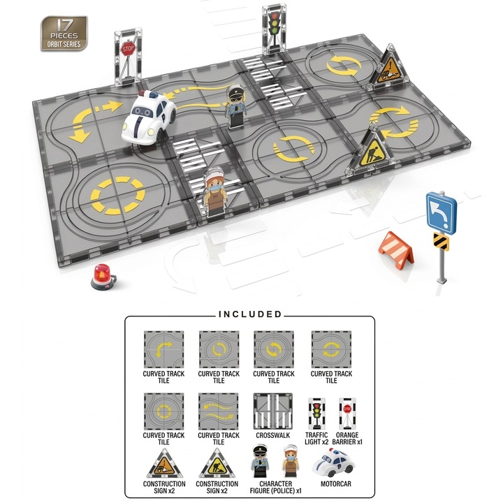 Set de Constructie MagicMagnetic Orbit, Include 17 de Piese, Traseu Magnetic 3D cu Masinute, Semne de Circulatie si Figurine, Numeroase Posibilitati de Construit, STEM, Educativ si Creativ, Indiggo®, 3ani+, Gray Stone