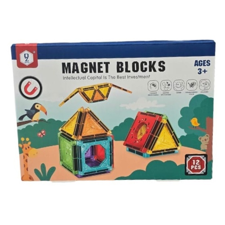 Set 12 elemente magnetice de constructie, plastic, multicolor, 3 ani+