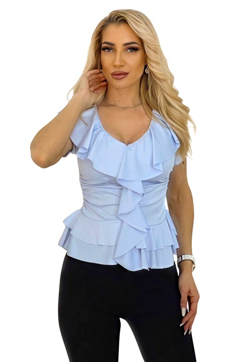 Bluza de dama ANAISA, cu maneca scurta si volane, Baby Blue, Marime universala, S/M, FashionForYou
