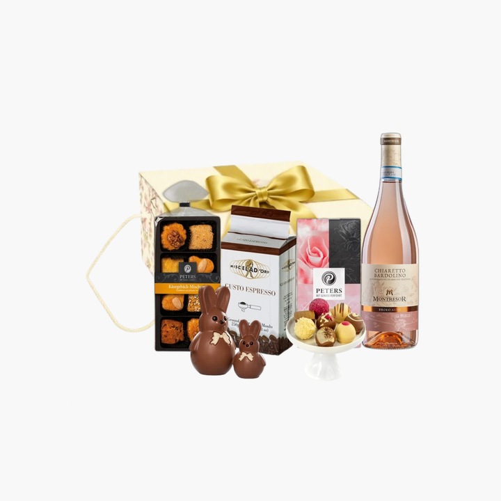 Pachet Cadou Bardolino, Villa Guelfa, Vin rose 750 ml, Cafea 250 g, Praline 100 g, Biscuiti, Iepuras ciocolata 25 g