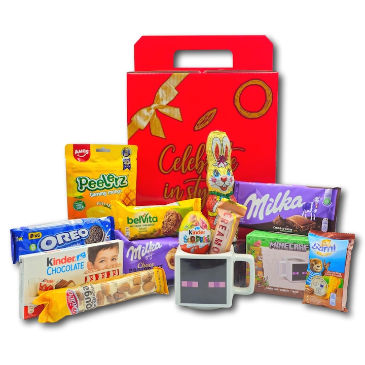 Pachet cadou de Paște pentru copii, set Easter Enjoy Pack, tematică Minecraft, cană alb/galben, 12 articole