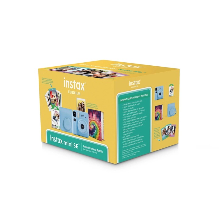 Fujifilm Instax Mini SE camera instant kit, mod selfie, blitz integrat, albastru