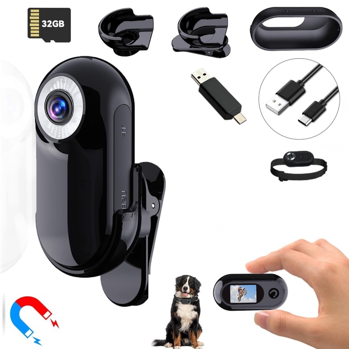 Mini camera video corporala HD 1080P cu card de 32GB, Dasbo, Portabila, design magnetic, Unghi 120°, Clip Magnetic 360°, Body Cam, Camera Spion, inregistrare pentru Sport, Vlog, Auto, Supraveghere, Negru