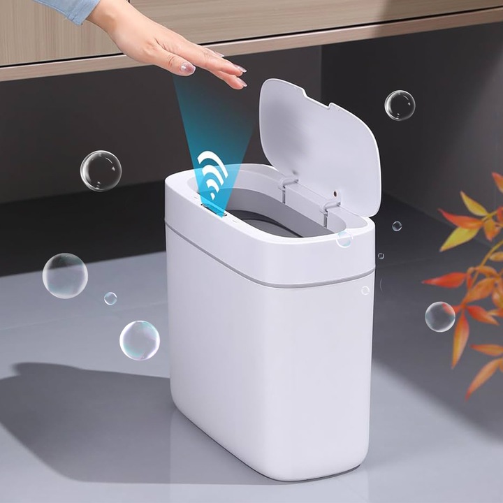 Cos de Gunoi cu Senzor, Bedee, Capacitate 15L, Automat cu senzor inteligent, Reincarcabil, Design Modern, Subtire si Compact, Rezistent la Apa, pentru Bucatarie, Baie, Dormitor, Living, Birou, Igienic, Alb