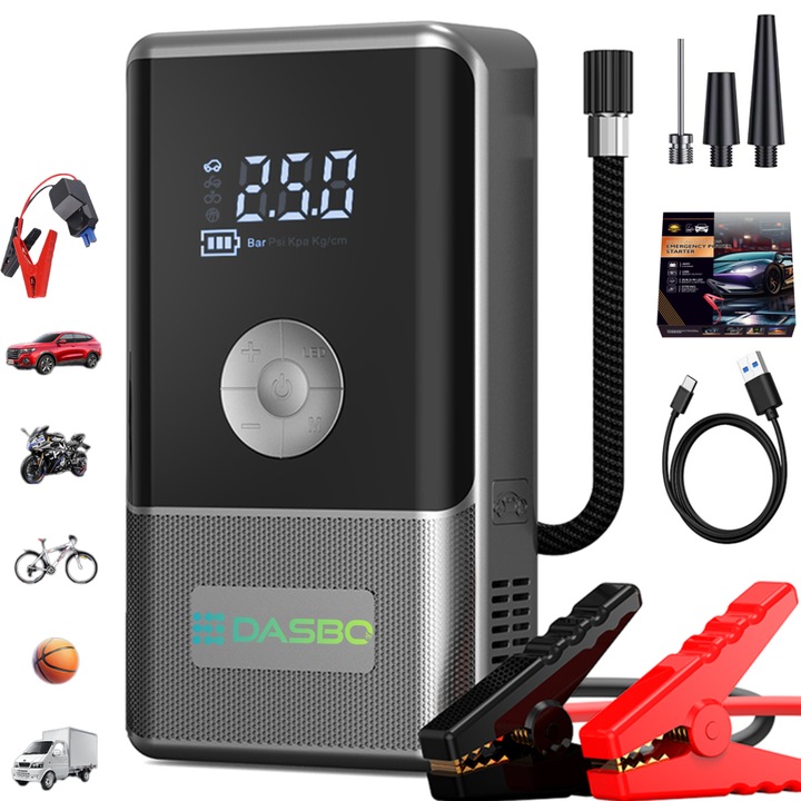 Стартер за кола Преносим с многофункционален компресор 4в1, 12V, безжичен с батерия 6000mAh, за бензинов или дизелов двигател, помпа за гуми Dasbo® 150 PSI, стартер за батерия, Power Bank, LED фенерче, цифров дисплей, преносим, включени интелигентни щипки