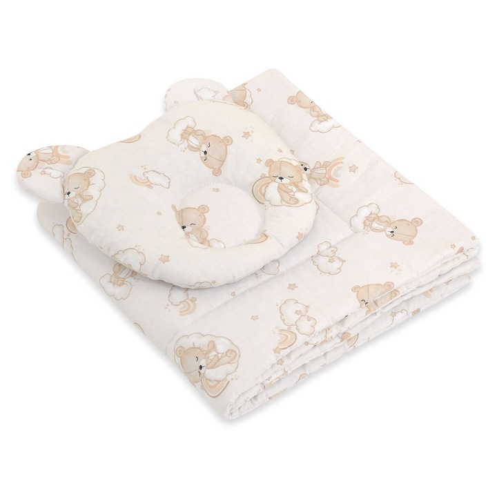 Set lenjerie pentru bebelusi My Sweet Baby, cu perna profilata si patura, 27x25cm si 77x77cm, bej cu model de urs si curcubeu