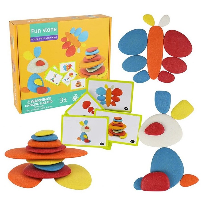 Joc educativ de echilibru cu pietre curcubeu, 36 piese, 12 culori acrilice, set, multicolor, 24x20x5cm