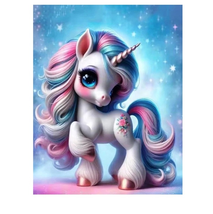 Tablou pictura cu diamante, Unicorn, Goblen 5D, rama din lemn, 20x30cm, set creativ
