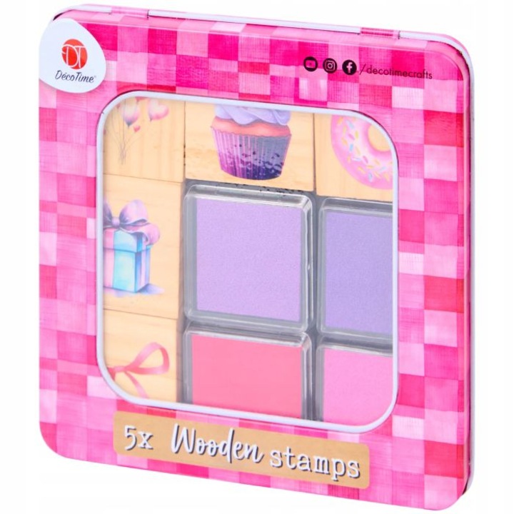 Set 5 stampile din lemn pentru copii, Decotime, tus colorat, multicolor