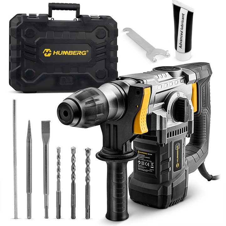 4J ütvefúró, Humberg HM-430, 1010 W, komplett készlet 3 SDS PLUS fúróheggyel és 2 vésővel, 200 cm