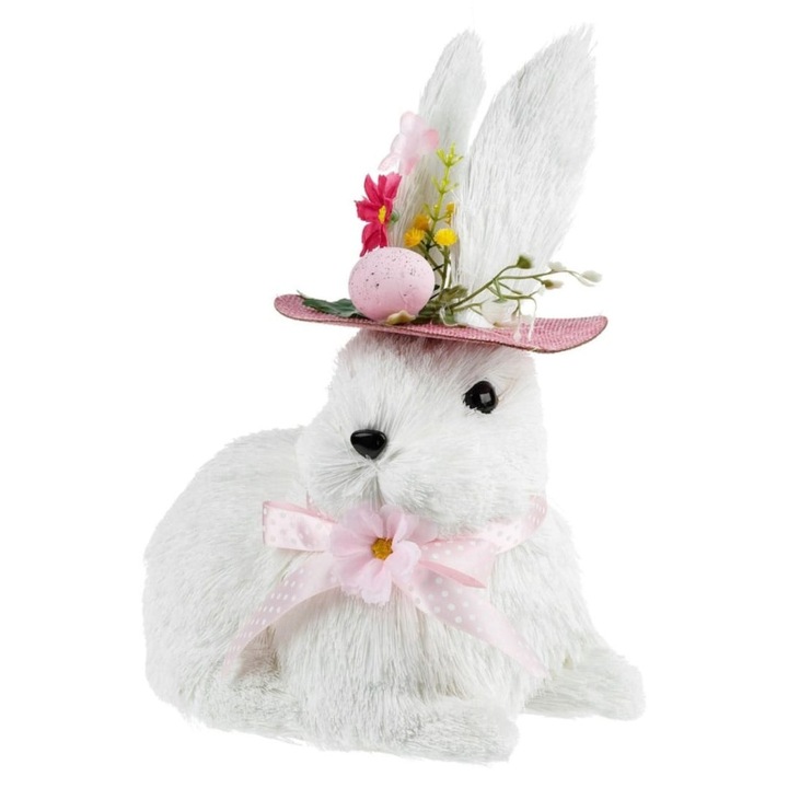 Decoratiune de Paste, iepuras cu palarie, 30 cm, nuanta naturala, flori colorate
