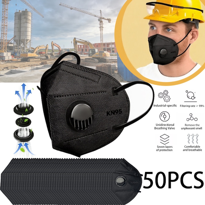 Masti KP95 cu carbon activ, Fain Mioritic®, pachet de 50, protectie in 7 straturi, supapa de respiratie cu filtru, rezistente la praf si antibacteriene, grad industrial, pernita nazala din burete, negre