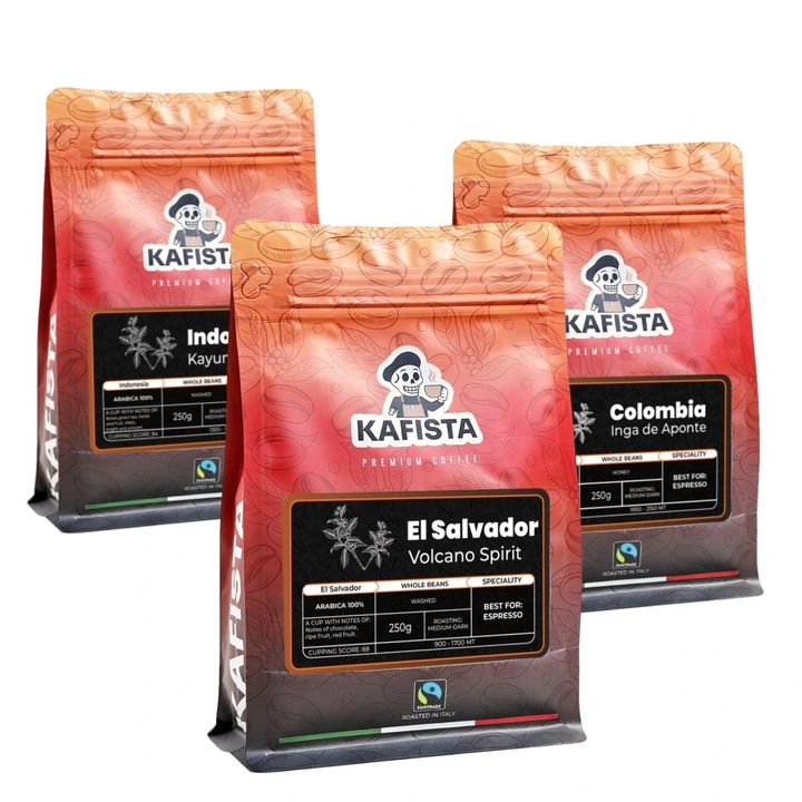 Cafea selectata, Kafista, set 3x250g, prajita in Italia, aroma variata
