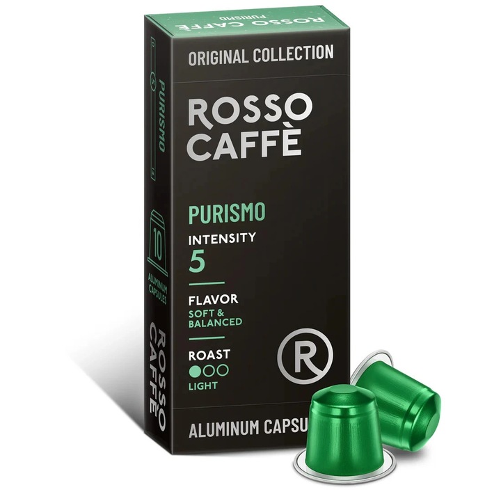 Cafea ROSSO CAFFE Purismo, 10 capsule, intensitate 5, aroma bogata, cafea din amestec de Arabica si Robusta